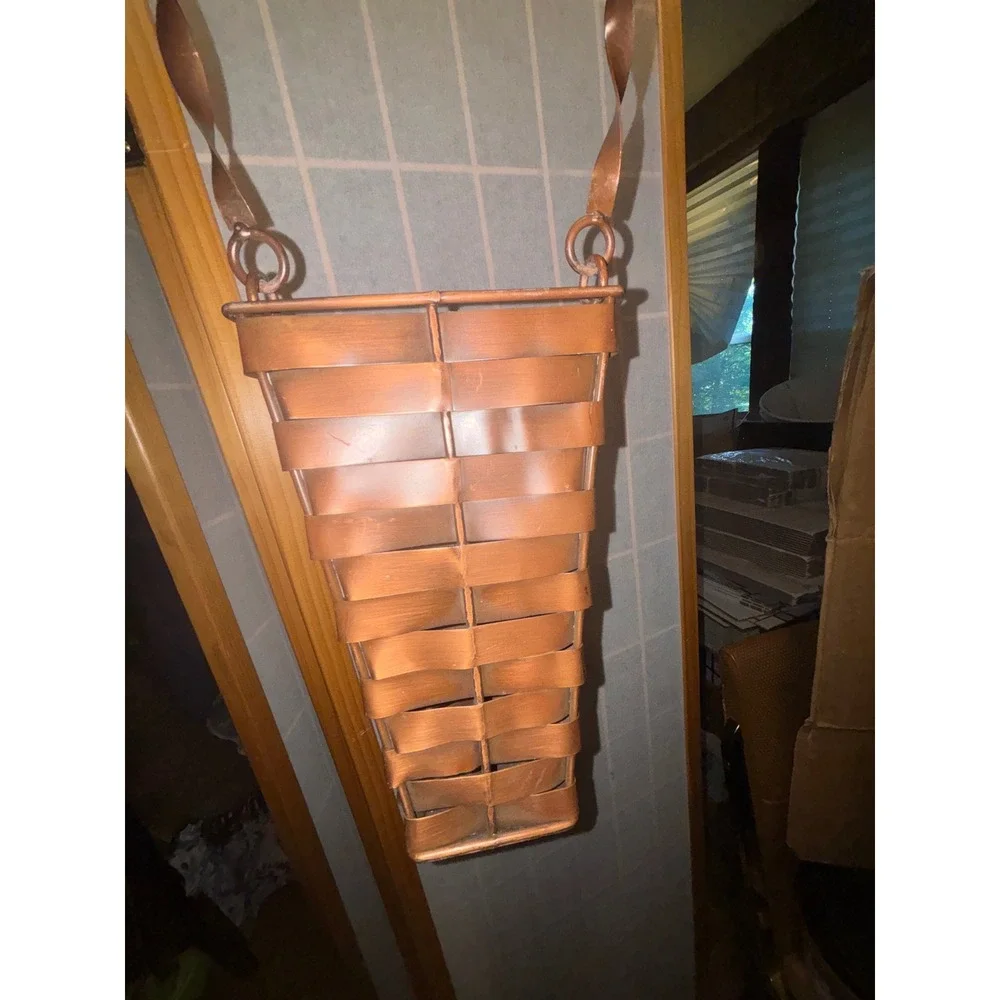 Vintage Copper Woven Metal Hanging Wall Basket Planter Twisted Handle 15.5in